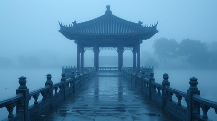   A bridge spans a foggy lake, its midpoint anchoring a pavilion above the water's surface - obrazy, fototapety, plakaty