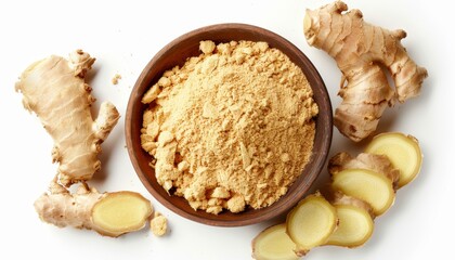 Top view of organic ginger powder in a ceramic bowl isolated on white