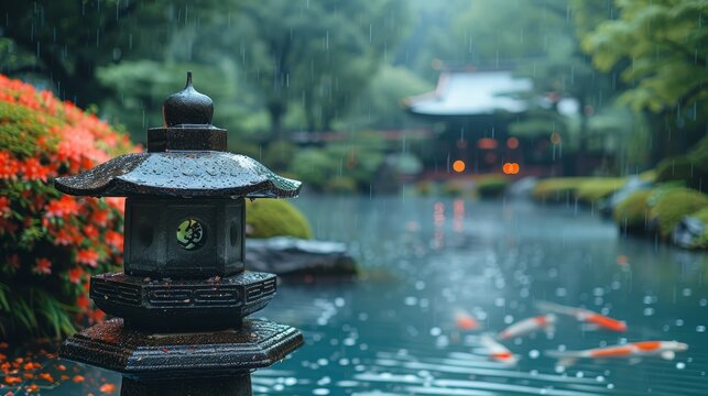   A lantern atop a wooden post, facing a serene pond teeming with koi fish