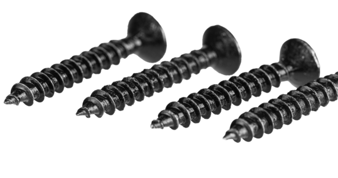 black wood screws on isolated white background close up