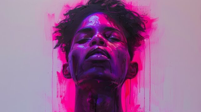  Man's face covered in pink and purple paint splatters