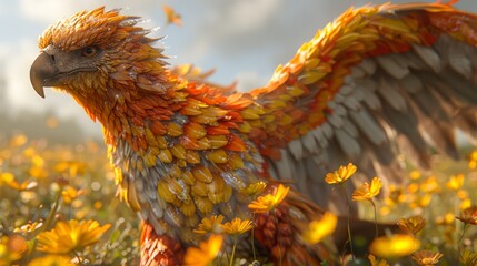   A tight shot of a bird amidst a flower-filled meadow Blue sky overhead, dotted with clouds - obrazy, fototapety, plakaty