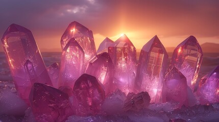   A pile of ice bears a cluster of pink crystals, surrounded by a radiant sun-filled sky - obrazy, fototapety, plakaty