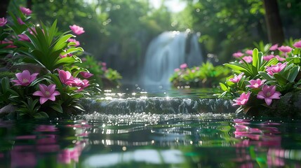   A waterfall backs a scene of a stream, where pink flowers bloom in the foreground, joined by green leaves - obrazy, fototapety, plakaty