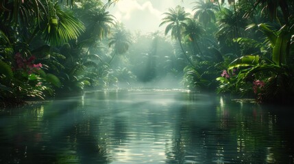 Fototapeta na wymiar A tranquil body of water, encircled by an abundance of swaying palm trees and lush greenery, with a radiant beam of light piercing through its surface