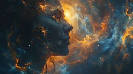   A tight shot of a face gazing at a night sky, studded with stars and a compact star cluster - obrazy, fototapety, plakaty