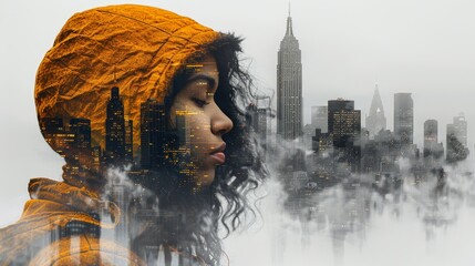   A woman's face superimposed over a cityscape with towering skyscrapers behind - obrazy, fototapety, plakaty