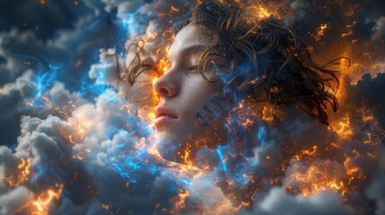   A woman's visage is encircled by a halo of blue and yellow flames and rising smokes, her gaze locked upward toward the heavens - obrazy, fototapety, plakaty