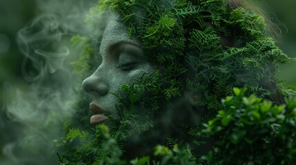   A woman's visage is veiled in green foliage and misty smoke as her eyes remain shut, gazing intently into the distance