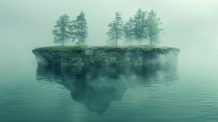   A small island, shrouded in fog, bears trees at its heart over a tranquil body of water