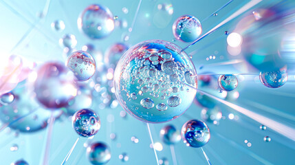 Abstract Blue 3D Render of Floating Spheres with Glowing Connections - obrazy, fototapety, plakaty