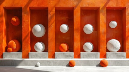   A row of orange and white vases align on a cement slab, situated in front of an orange wall - obrazy, fototapety, plakaty