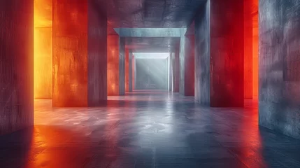 Poster   A long hallway, adorned with red columns, ends in a single column illuminated by a beam of light at its pinnacle, casting a warm glow © Jevjenijs