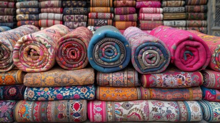 Fototapeta na wymiar A pile of colorful rugs stacked together on a larger pile