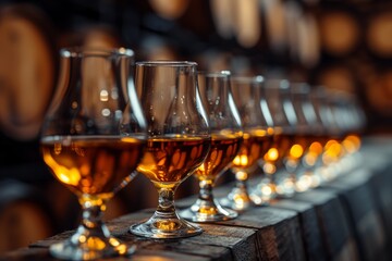 Row of wine glasses on wooden table