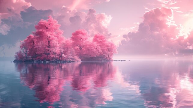   A cluster of pink-hued trees overhangs a serene lake Adjacent lies a verdant forest, and above, clouds scatter the sky