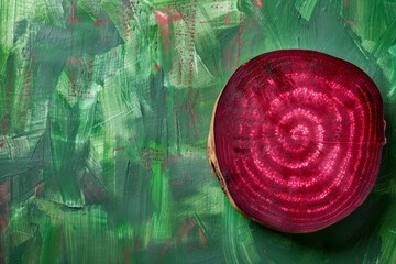 Top view of beetroot cross section on green background