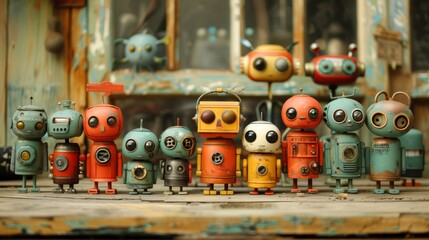   A collection of small robot figurines seated together on a wooden table, facing a window
