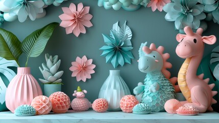   A table holds a collection of vases Nearby, a wall is adorned with paper flowers, and a giraffe stands close by