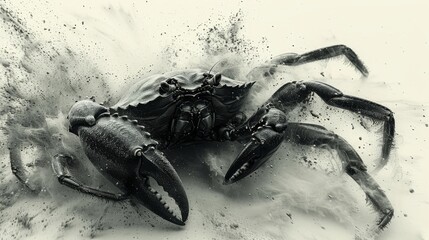   A monochrome image of a crab spraying water from its back legs as it lifts its claws - obrazy, fototapety, plakaty