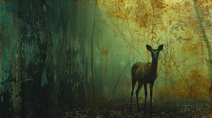   A deer stands amidst a forest, surrounded by fallen leaves and towering trees - obrazy, fototapety, plakaty