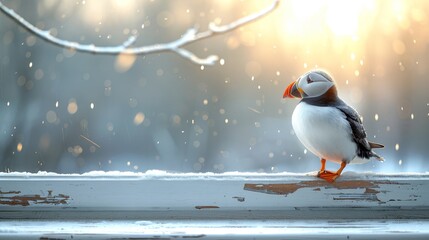   A bird perched on a window sill, snowfall outside dusting the ledge Tree branch in the background - obrazy, fototapety, plakaty