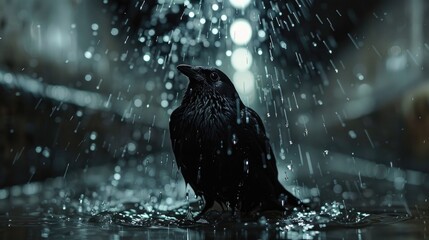 A black raven sits in a subway tunnel under drops of water from a pipe.