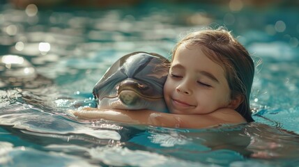 Cute young girl hugs a dolphin while swimming in the pool. Concept of the benefits of swimming with sea animals.