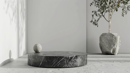 Black and White Vase and Rock on 3D Rendered Podium
