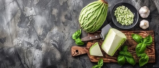   A cutting board, one bearing green vegetables and another holding cheese, sits beside a knife