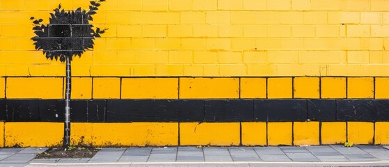   A black-and-yellow wall with a black-and-white street sign and a black-and-white striped curb - obrazy, fototapety, plakaty
