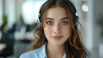 Woman dispatcher operator in headset in office - Powered by Adobe