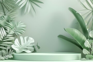 Green and White Background With Tropical Leaves