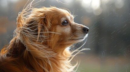   Up-close canine visage amidst waving tree branches and wind-tossed fur ..Or,..Detailed shot of a