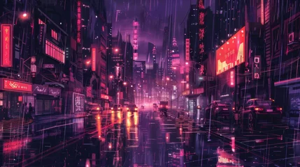 Schilderijen op glas 3D Rendering of neon mega city with light reflection from puddles on street heading toward buildings. Concept for night life, business district center (CBD)Cyber punk theme, tech background © Viktoriia