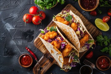 Top view of fish tacos with coleslaw on cutting board on dark background