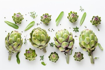 Top view of fresh artichokes on white background