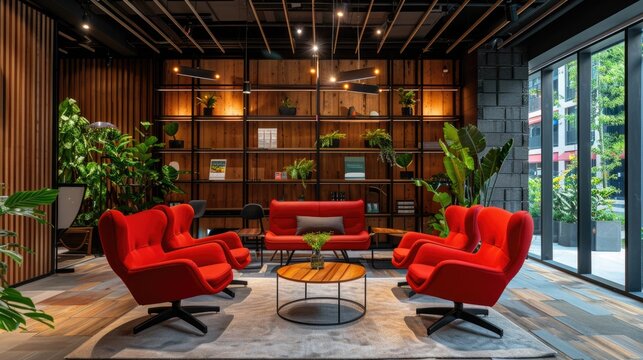 Modern living room with red chairs and coffee table