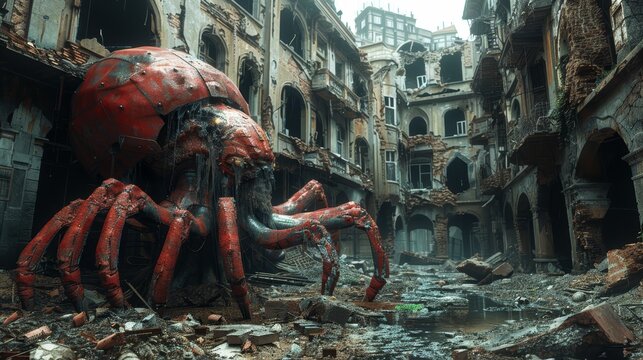   A giant red octopus sits amidst a rundown city, its tentacles sprawled over debris-strewn ground