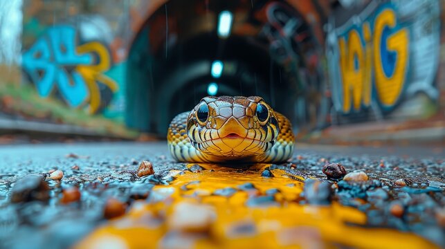   A tight shot of a snake on the ground In background, a tunnel and graffitied wall
