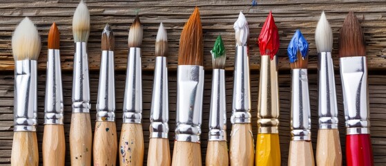   A lineup of paint brushes atop a wooden paneled wall