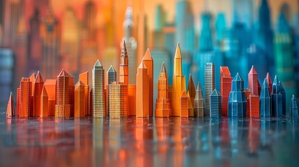   A collection of toy city buildings sits atop a table Nearby stands a building with a spire - obrazy, fototapety, plakaty