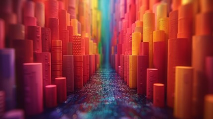   A vibrant city street image features a rainbow-hued line passing through its center
