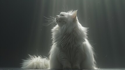   A white cat atop a wooden floor, with light casting down onto its head - obrazy, fototapety, plakaty