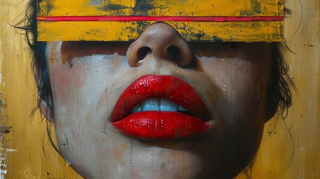   A painting of a woman with red lips and a yellow headband
