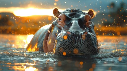   A tight shot of a hippo in a water body as the sun sets behind - obrazy, fototapety, plakaty