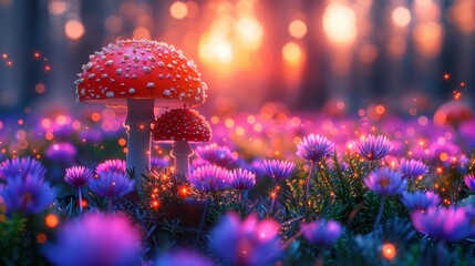   A tight shot of a mushroom amongst flowering plants, with sunlight filtering through the tree canopy behind - obrazy, fototapety, plakaty