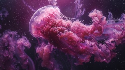   A tight shot of a jellyfish in its aquatic environment, surrounded by pink and purple jellyfishes in the backdrop - obrazy, fototapety, plakaty