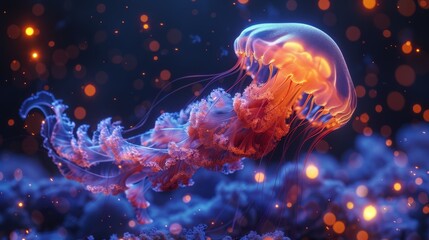   A tight shot of a jellyfish against a backdrop of blue and orange The jellyfish is slightly blurred - obrazy, fototapety, plakaty