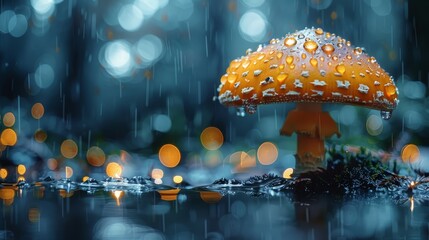   A yellow mushroom sits atop a forest puddle, surrounded by a vibrant forest teeming with numerous bright lights